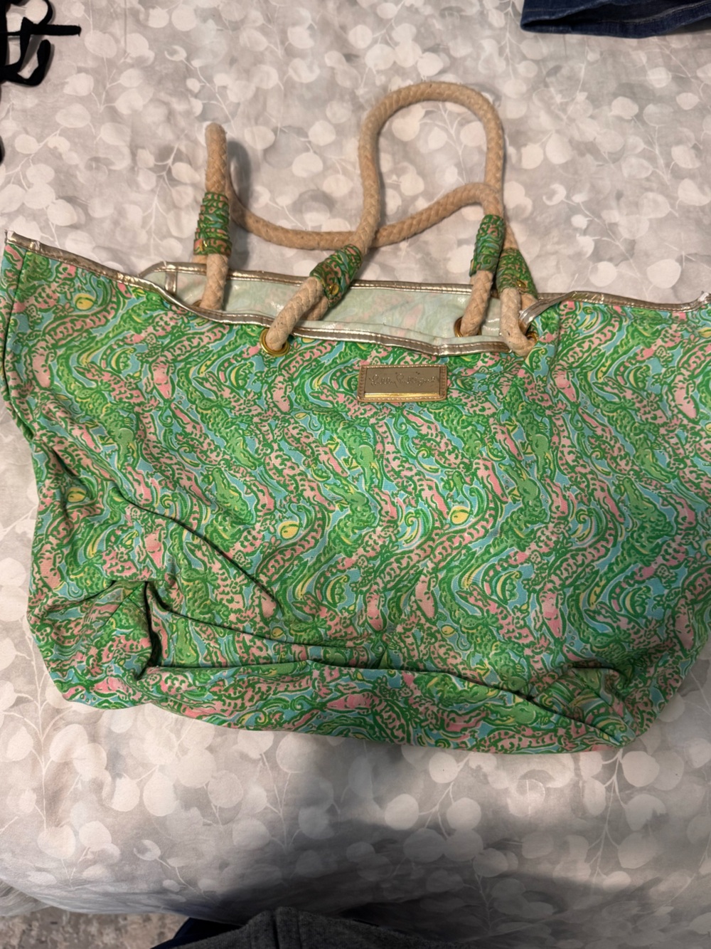 Lilly Pulitzer Green and Pink Paisley-Print Rope-Handle Tote
